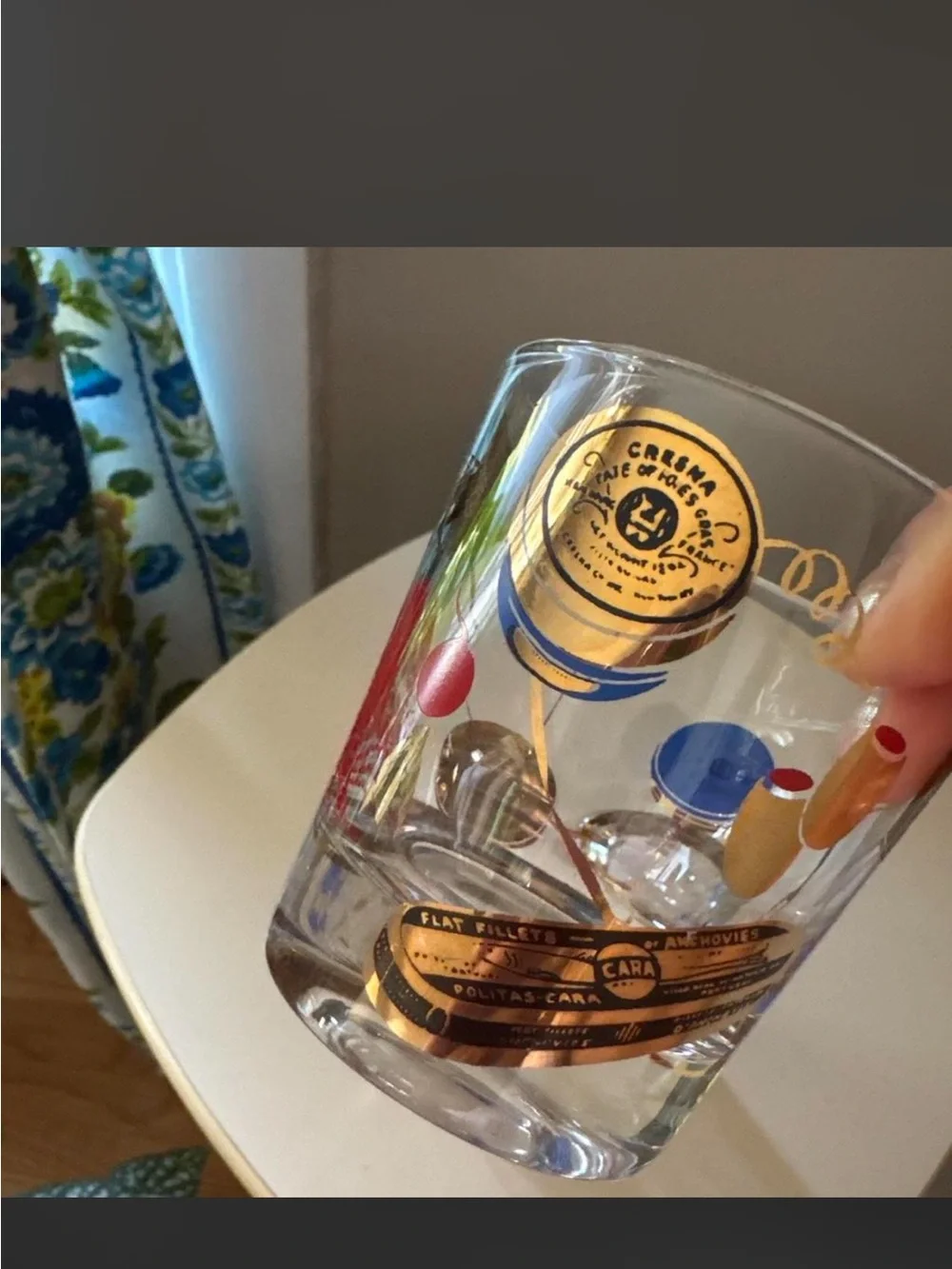 vintage mcm tinned fish themed cocktail glasses